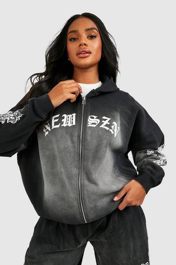 New Szn Cross Printed Washed Oversized Zip Through Hoodie charcoal