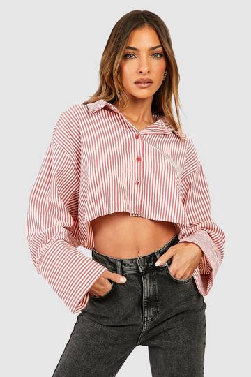 Oversized Crop Wide Sleeve Striped Shirt pink