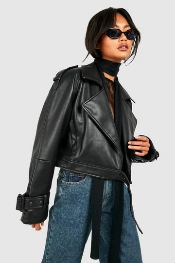 Cropped Faux Leather Biker Trench Coat black