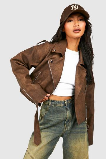 Brown Vintage Look Faux Leather Biker Jacket