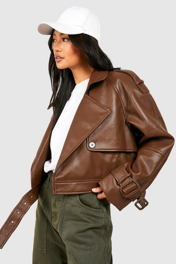Cropped Faux Leather Biker Trench Coat chocolate