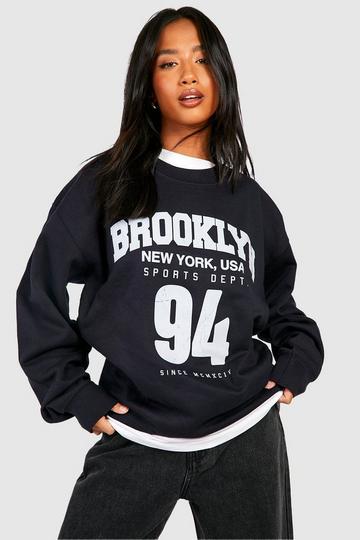 Petite Brooklyn Slogan Printed Varsity Oversized Sweatshirt navy