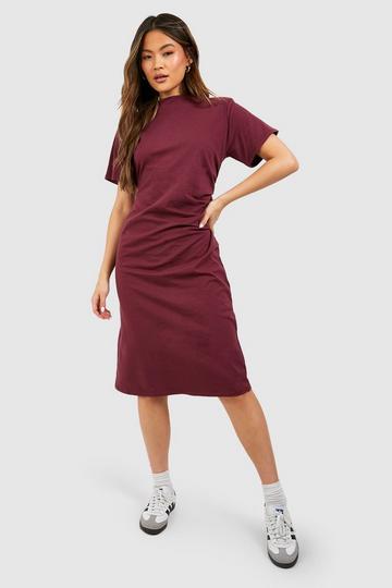 Wrap Ruching Cotton Midi Shoulder Pad T-shirt Dress berry