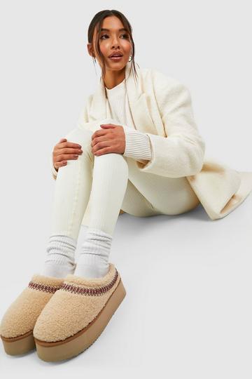 Beige Borg Embroidered Platform Cosy Mules