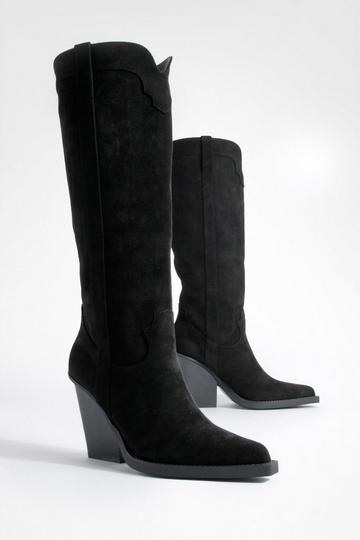 Black Wide Fit Knee High Chunky Rand Western Cowboy Boots