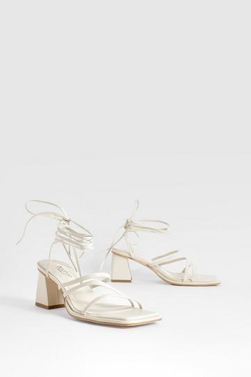 Cream White Wide Fit Low Block Wrap Up Heels