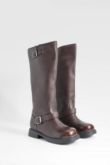 Wide Fit Double Buckle Chunky Knee High Biker Boots dark brown