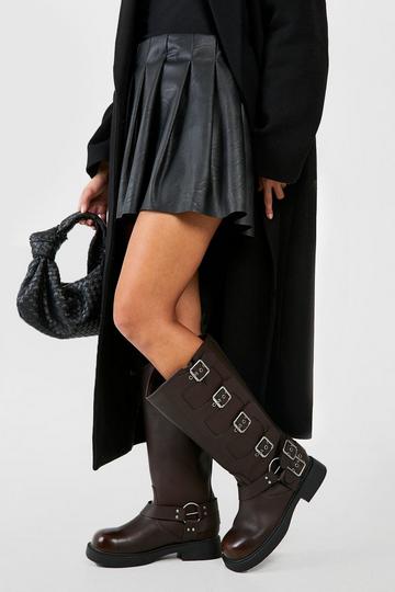 Brown Multi Buckle Burnished Pu Chunky Knee High Boots