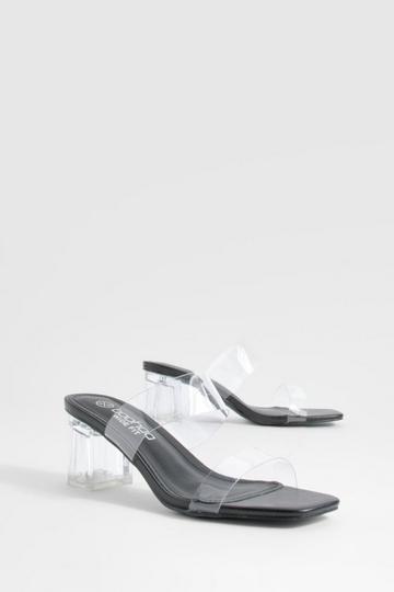 Black Wide Fit Clear Double Strap Low Block Heeled Mules