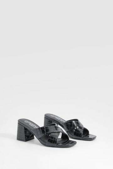 Black Wide Fit Crossover Croc Strap Block Heeled Mules