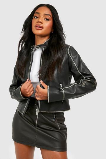 Fitted Moto Vintage Look Faux Leather Jacket black