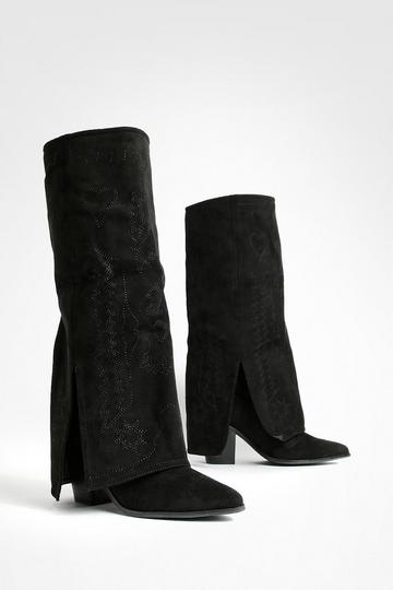 Wide Fit Foldover Western Knee High Boots P723249 black