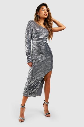 Silver Sequin Asymmetric Midi Dress