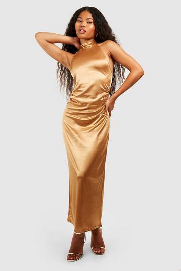 Gold Metallic Petite Satin High Neck Midi Dress