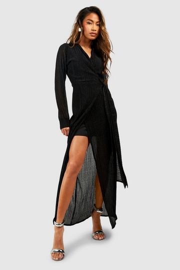 Tie Waist Glitter Plisse Split Leg Maxi Dress black