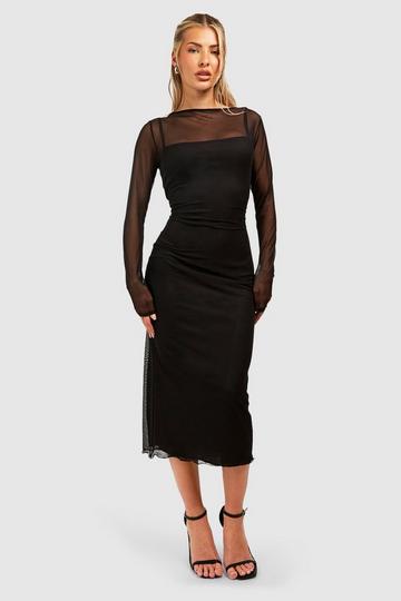 Sheer Mesh Contrast Midaxi Dress black