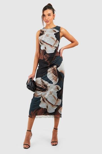 Brown Abstract Floral Mesh Midaxi Dress