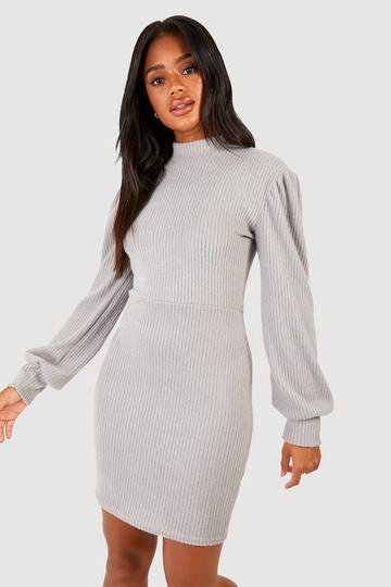 Grey Brushed Rib Volume Sleeve Mini Dress