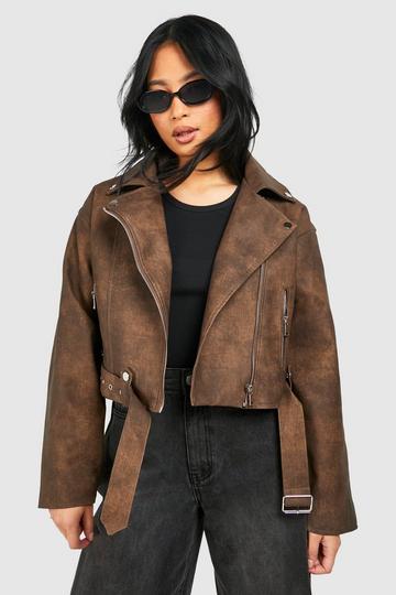 Petite Vintage Look Faux Leather Moto Jacket dark brown