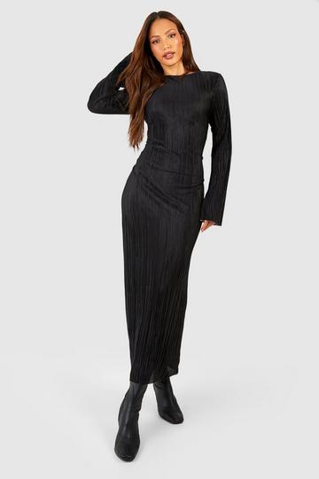 Tall Plisse Column Flare Cuff Midaxi Shift Dress black