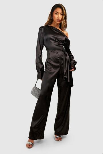 Satin One Shoulder Wide Leg Jumpsuit black