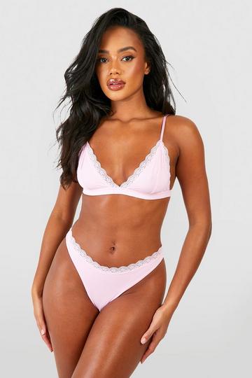 Pink Lace Trim Seamless Bralet And Brief Set