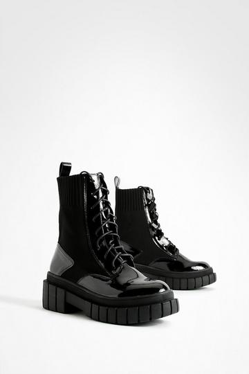 Black Patent Stepped Sole Biker Boots