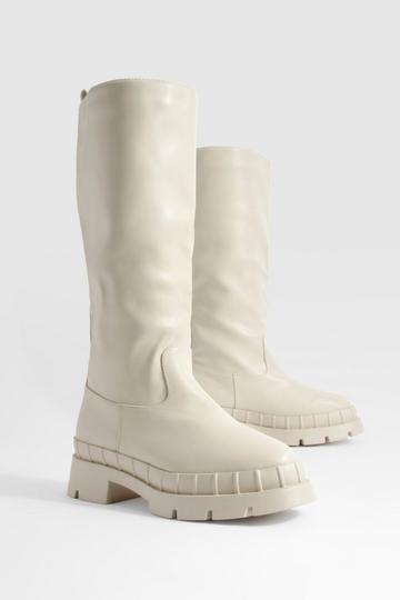 Ecru White Wide Fit Chunky Sole Knee High Pull On Boots