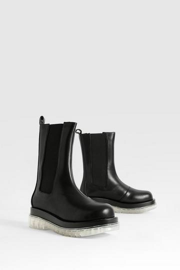 Contrast Sole Calf High Chelsea Boots black
