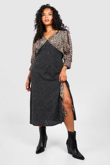 Plus Contrast Animal Puff Sleeve Midi Dress leopard