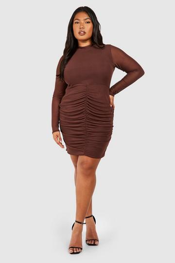 Plus Mesh Ruched Bodycon Dress chocolate