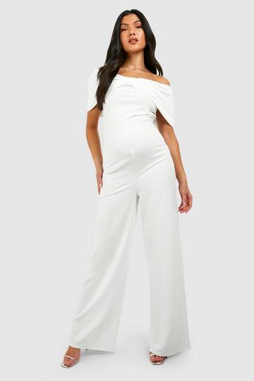 Ivory White Maternity Off The Shoulder Crepe Wide Leg Jumpsuit