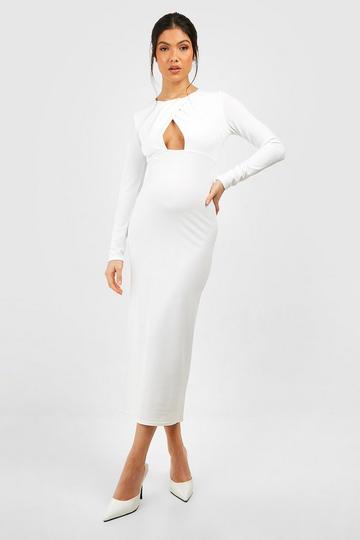 Ivory White Maternity Key Hole Midi Crepe Dress