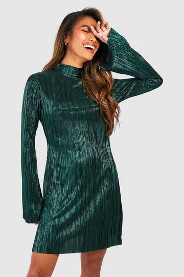 Green Metallic Plisse Flare Sleeve Shift Dress