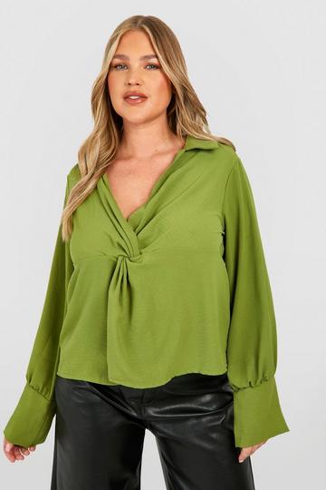 Plus Collared Twist Front Blouse olive