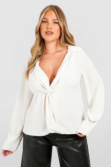 Plus Collared Twist Front Blouse oyster