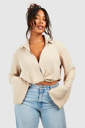 Plus White Wrap Front Shirt Long Sleeve Crop Top