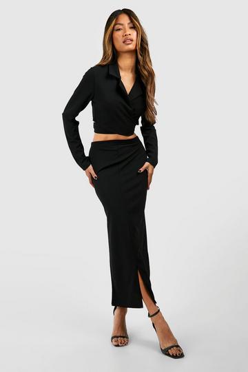 Black Wrap Waist Crop Blazer & Split Front Midaxi Skirt