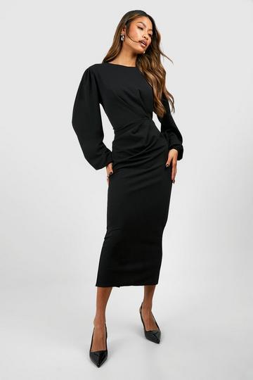 Drape Side Puff Sleeve Crepe Midi Dress black