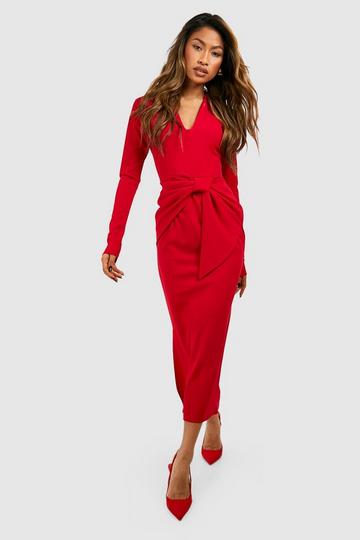 Red Crepe Waist Detail Midi Dress