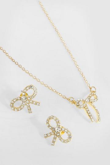 Gold Metallic Bow Earring And Necklace Set