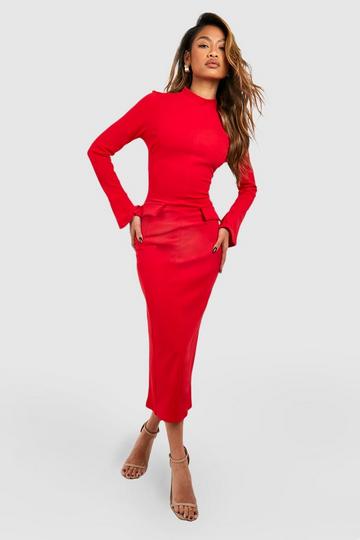 Red Crepe High Neck Pocket Detail Midi Dress