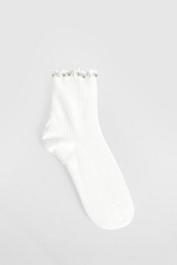 White White Embellished Pearl Socks