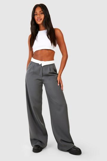 Contrast Waistband Wide Leg Trousers charcoal