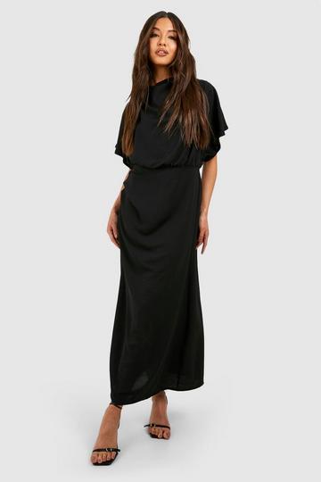 Hammered Cowl Neck Ruched Side Midi Dress black