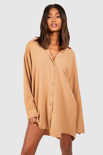 Hammered Pocket Detail Fluid Fit Shirt Dress camel