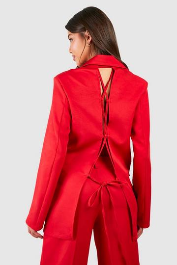 Red Lace Up Open Back Double Breasted Blazer