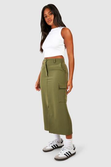 Cargo Pocket Split Front Tailored Midaxi Skirt khaki