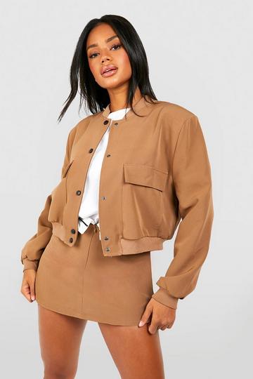 Woven Pocket Detail Relaxed Fit Bomber Jacket camel
