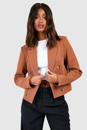 Mock Horn Double Breasted Longline Cropped Blazer toffee